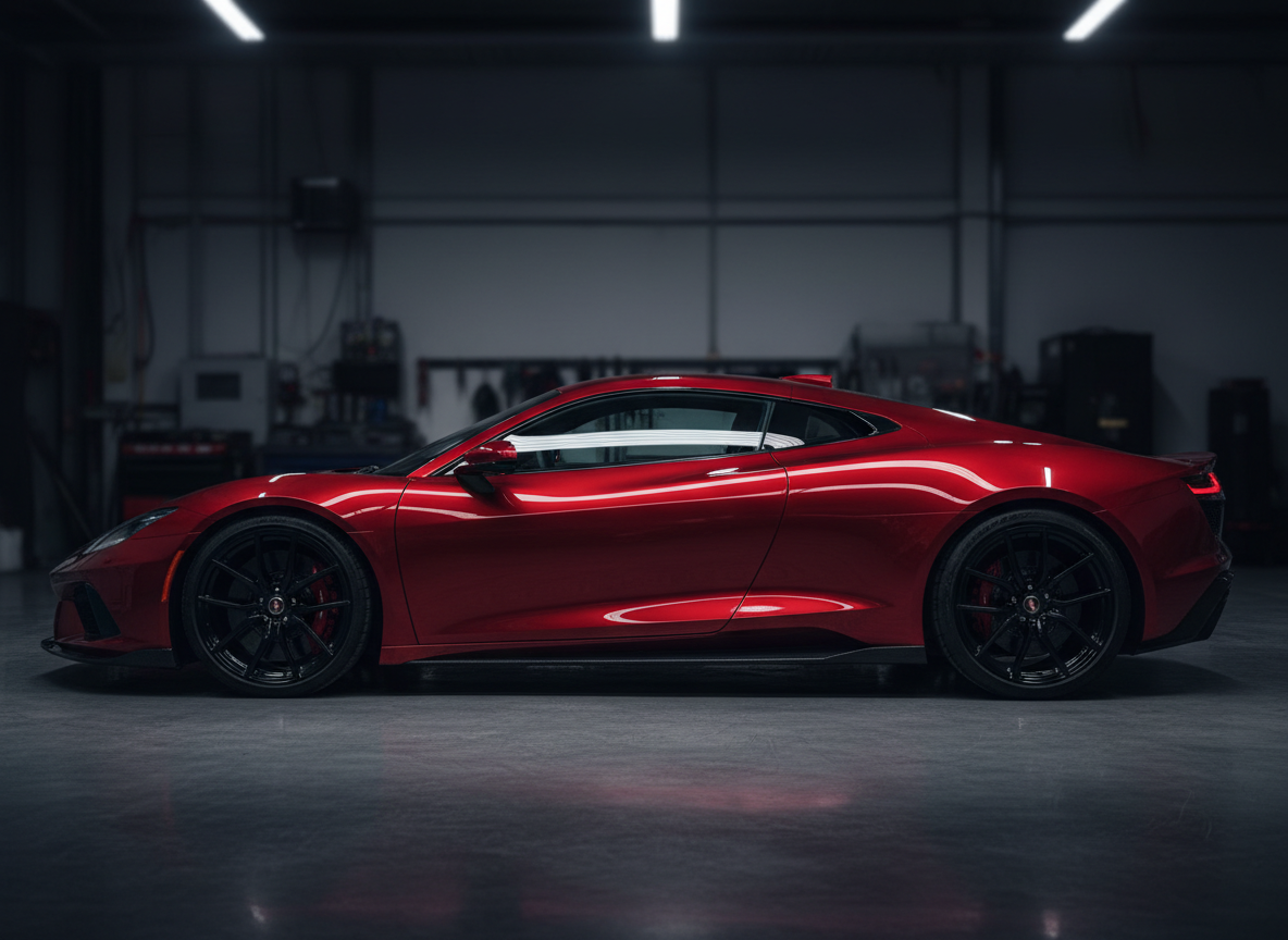 Red sports car with glossy wrap